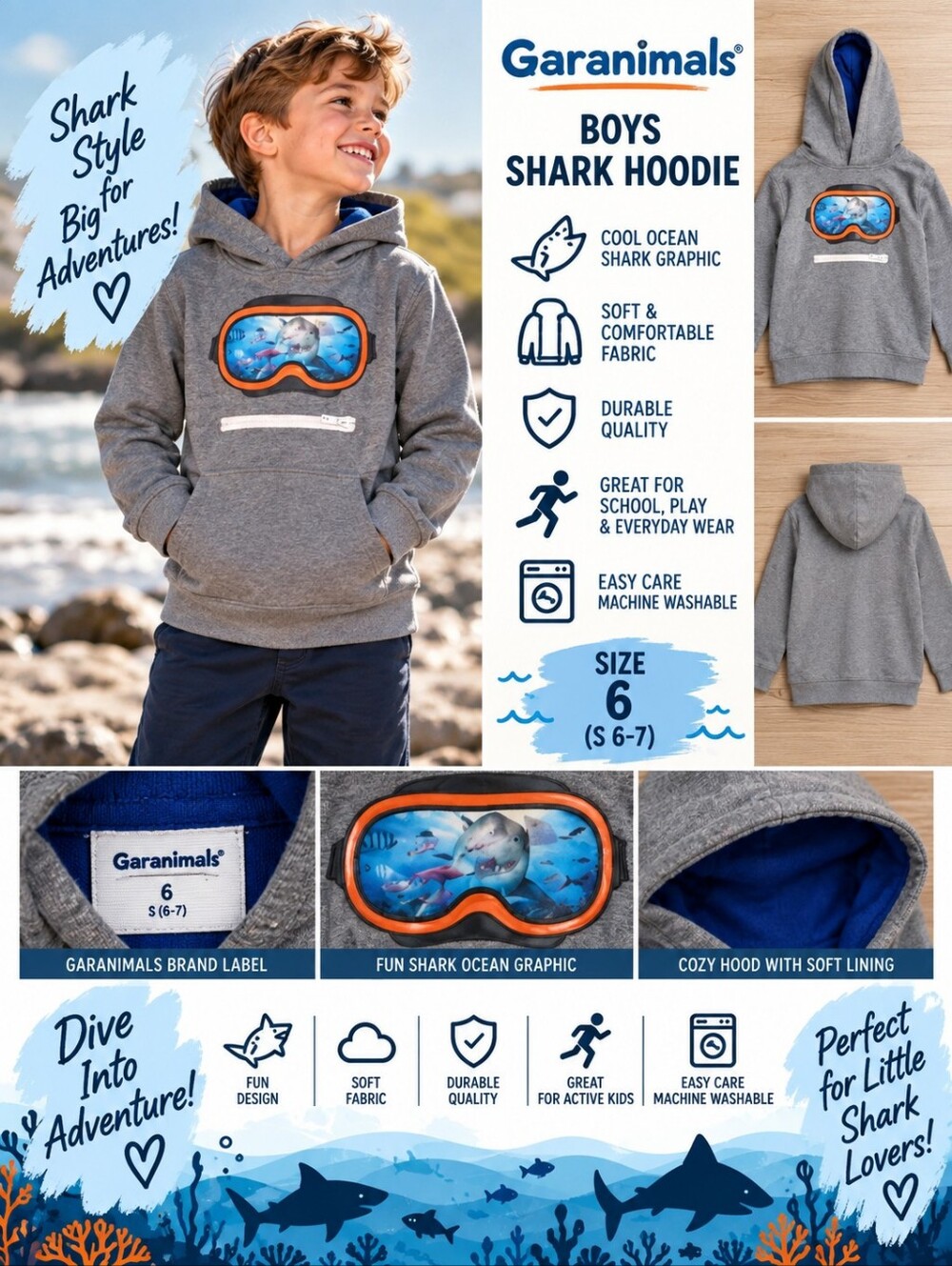 Garanimals Boys size 6 Grey ocean shark hoodie #35